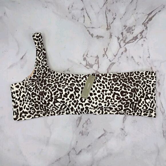 J Crew Swim Top 2X 3X Leopard One Shoulder Scoop Neck Bikini Padded BF203 - Picture 1 of 11